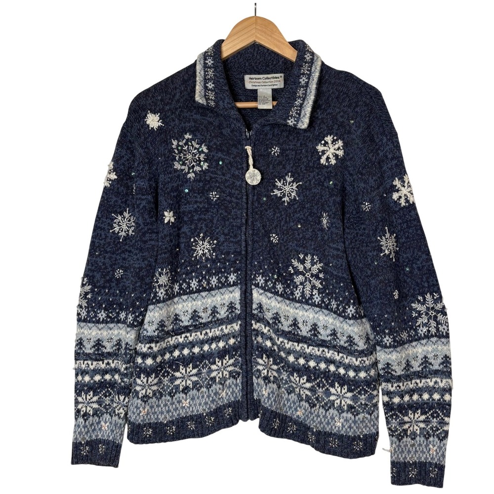 Heirloom Collectiblesâ Blue Fair Isle Christmas Sweater Zip Cardigan Snowflake L